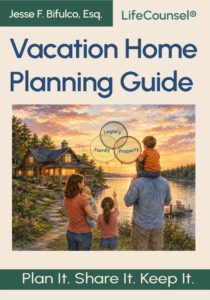 Cover of the book, central image of a family looking across a lake at their vacation home at sunset.