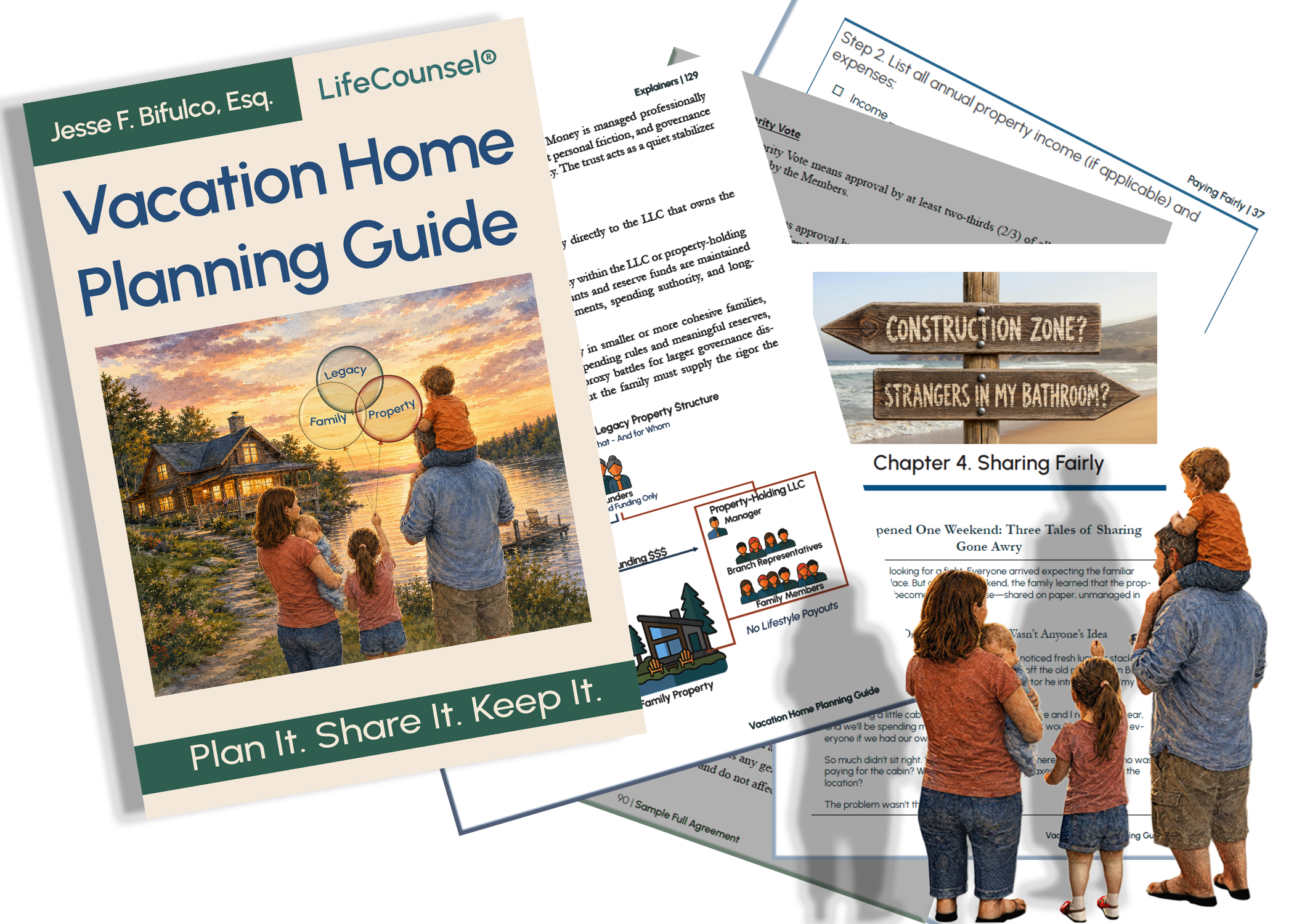 Vacation Home Planning Guide book cover with sample family stories, plain-English explainers, guided worksheets, and a family vacation property agreement fanned behind it